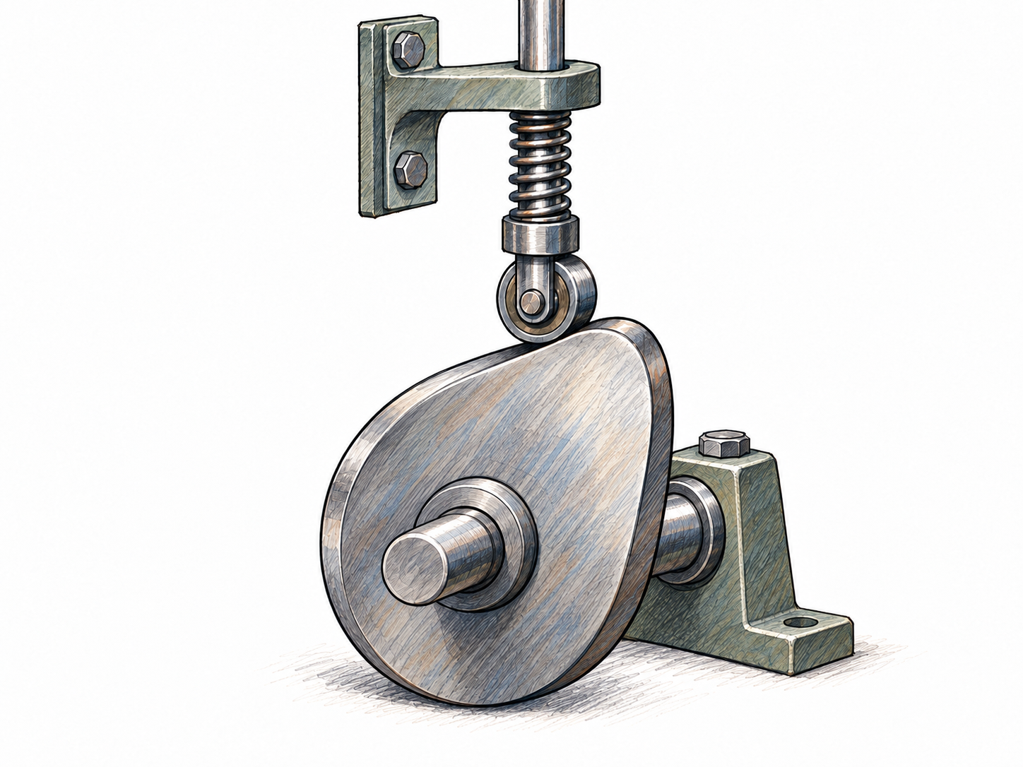 Close-up of a working cam-and-follower mechanism: a smooth pear-shaped cam fixed to a horizontal shaft lifts a spring-loaded roller follower constrained to move vertically.