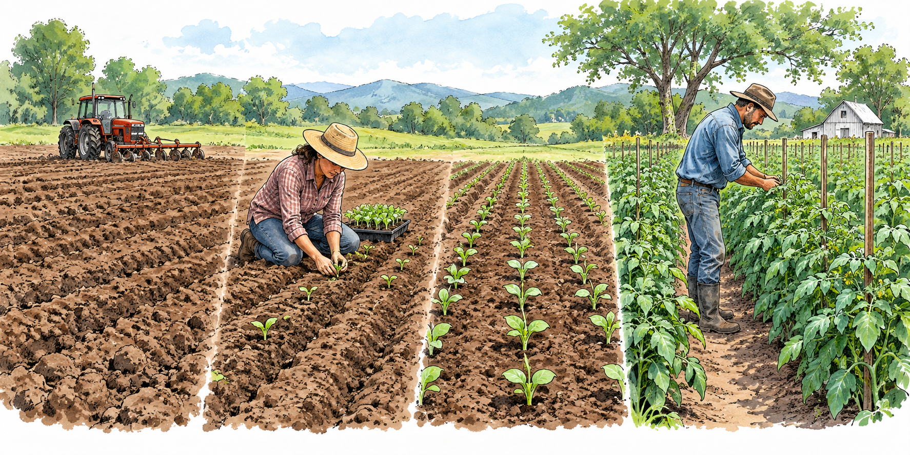 Sequence of cultivated field soil prepared seedlings planted then mature rows, farmer tending crops, no text.