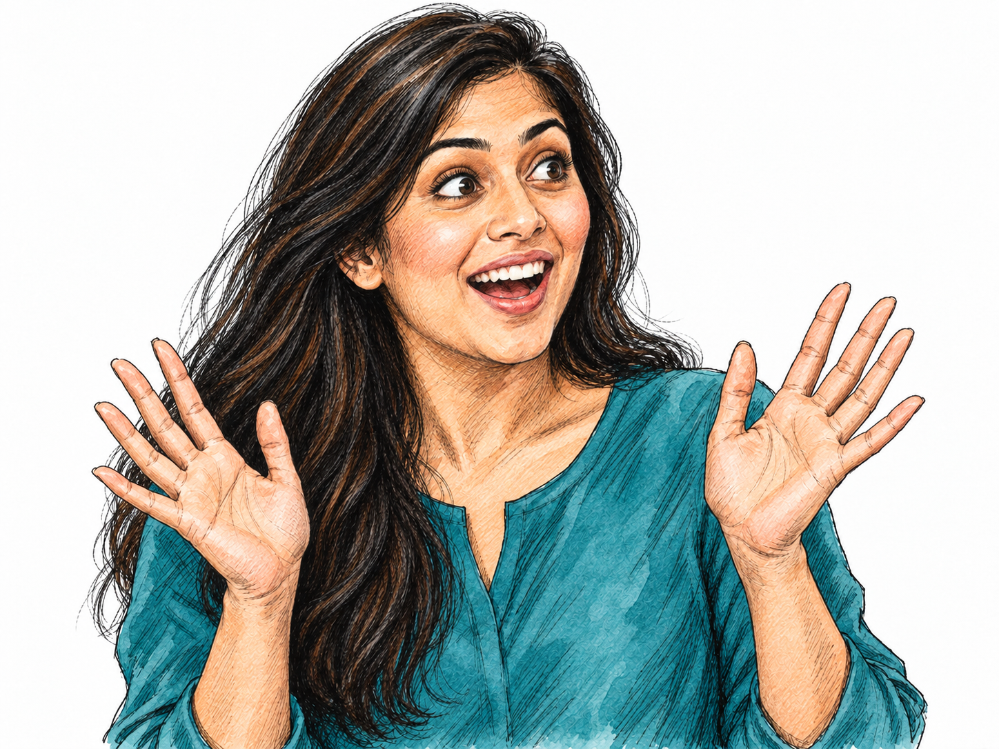 A close three-quarter portrait of a woman whose animated face and open hands unmistakably convey delighted surprise.