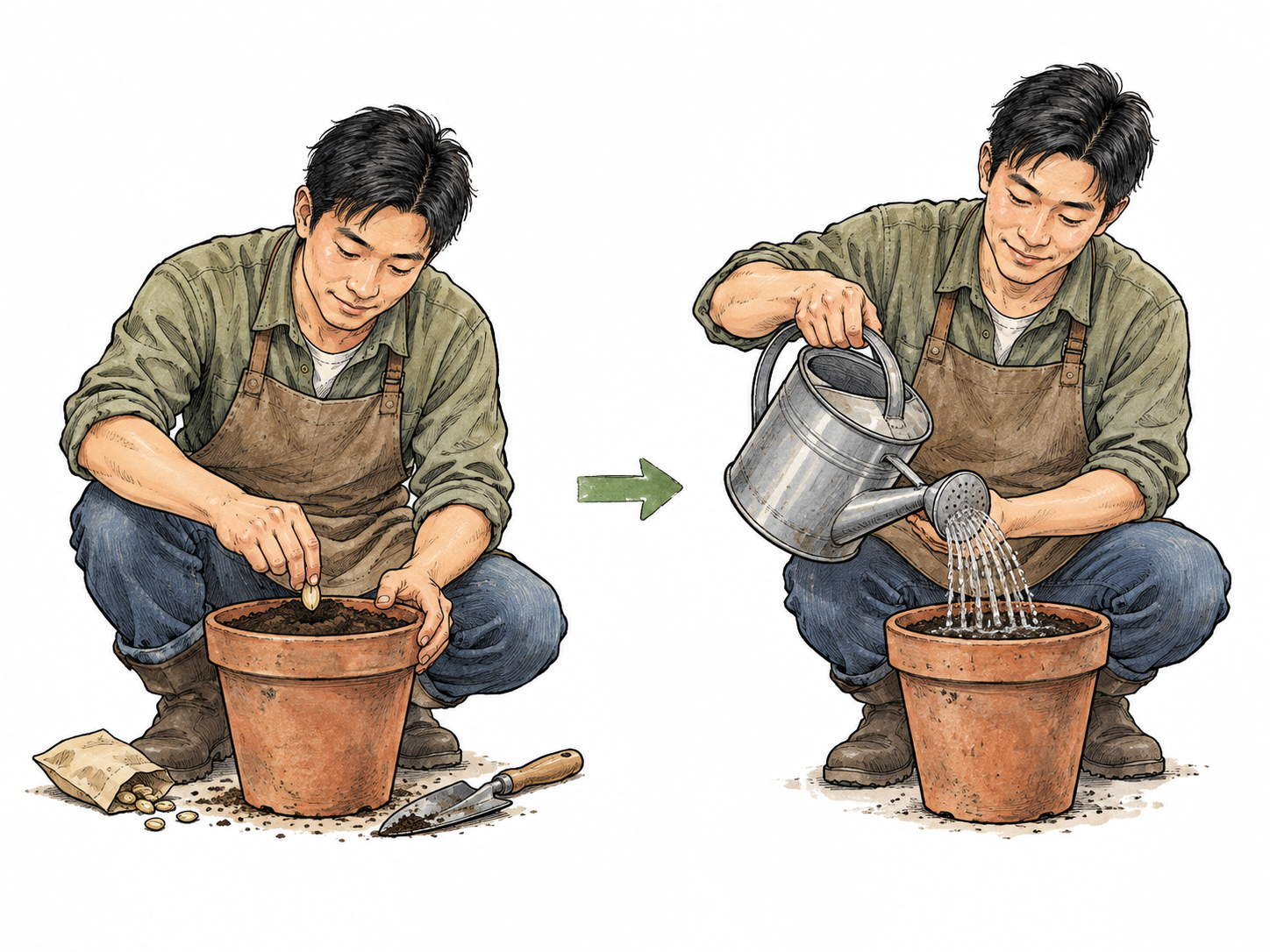 Two adjacent vignettes of one East Asian adult planting a seed and then watering the planted pot, one simple directional arrow, no text.