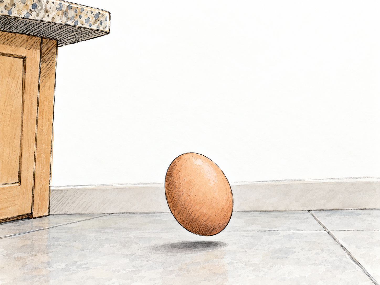 An intact raw egg has fallen clear of a countertop and is suspended just above a hard tiled floor: with nothing beneath it to catch or cushion it, impact and breakage are imminent and unavoidable.