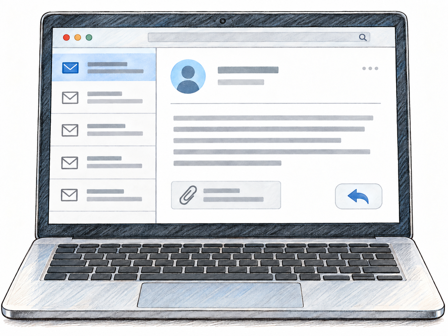 A laptop displaying an open email message in a recognizable mail interface, with an envelope icon and inbox list making electronic correspondence clear without readable text.