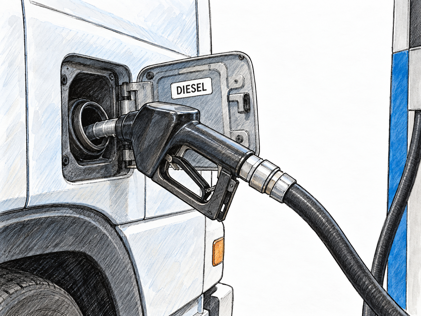 A diesel fuel nozzle seated in a modern truck’s open fuel-filler port, with a short functional DIESEL label identifying the fuel rather than the engine.