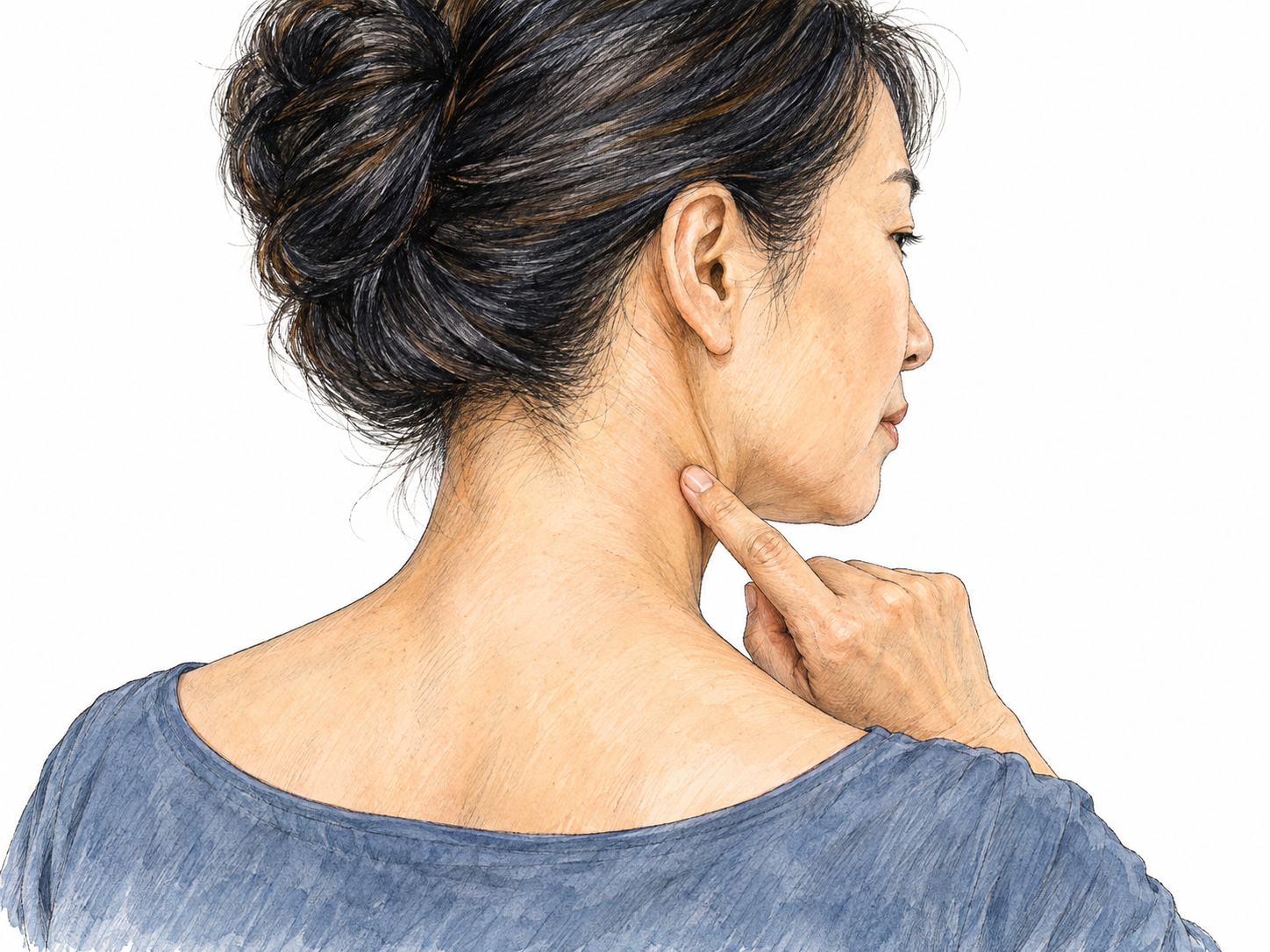 A close three-quarter rear view of a woman with her hair pinned up, clearly exposing the neck between her head and shoulders.