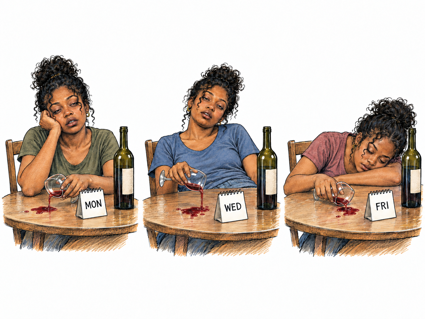 A compact three-panel sequence shows the same adult visibly intoxicated on three different days, making repeated drunkenness—not merely one drinking occasion—the central cue.