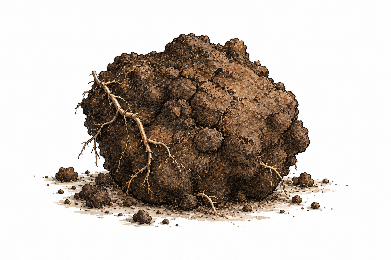 A single irregular clod of dark soil with tiny roots and crumbs.