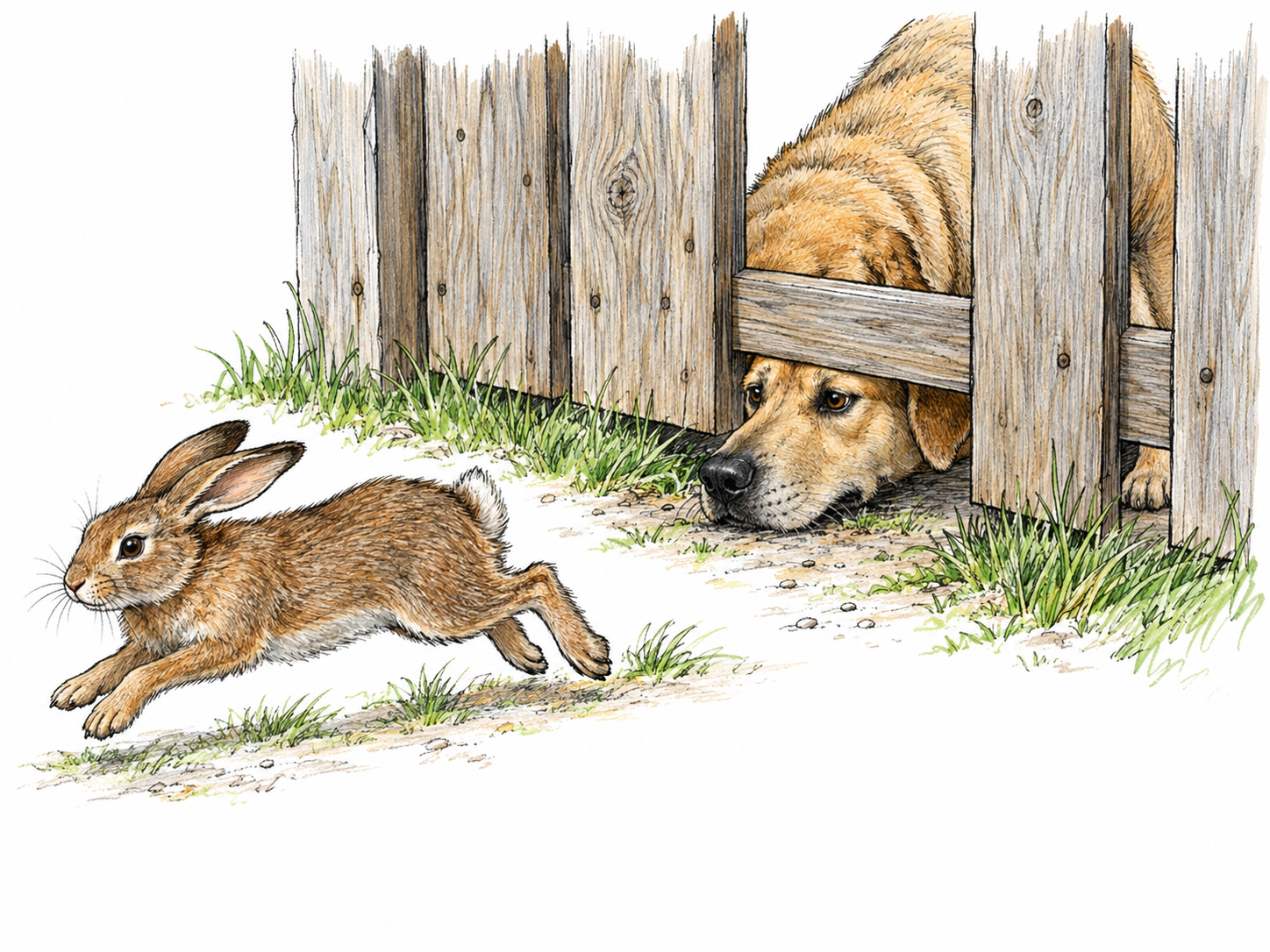 A rabbit eludes a pursuing dog by slipping through a narrow gap in a fence that the larger dog cannot pass through.