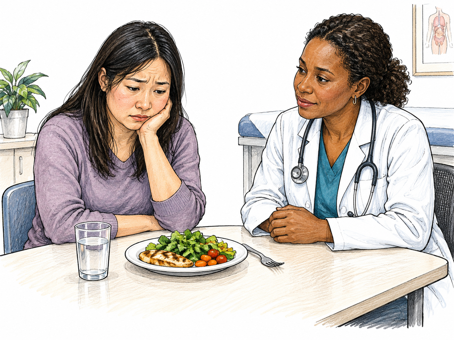 A patient at a small clinic table describes a lack of appetite, looking troubled at an ordinary untouched meal while a clinician listens supportively; no emaciation, body comparison, scales, numbers or weight-loss methods.
