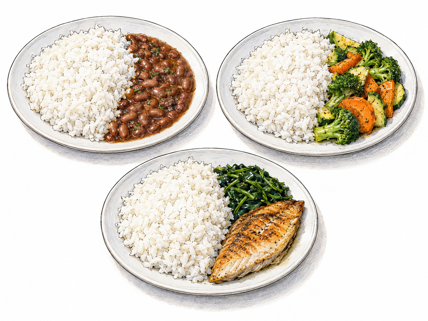 Rice as a dietary staple: three different meals share the same substantial serving of rice, with smaller, varied accompaniments.