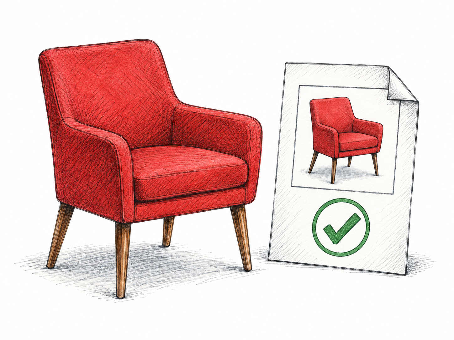 A delivered red chair stands beside a document showing a matching red-chair picture with a clear check mark, visual proof of a correct order; no other text or logos.