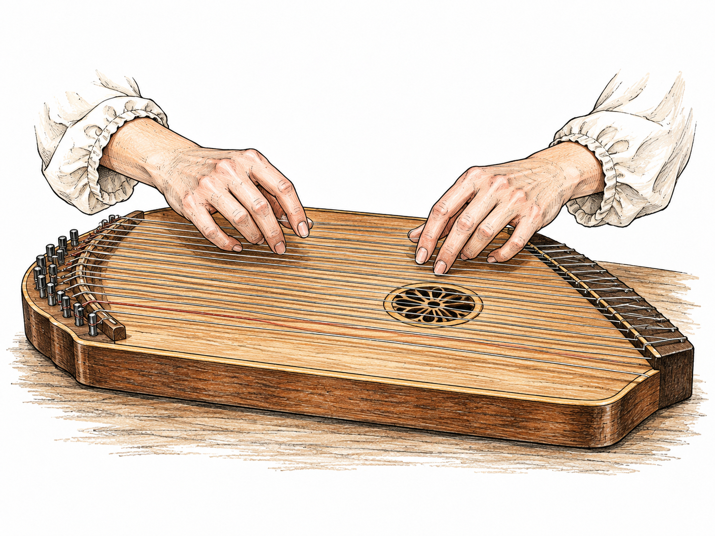 A traditional concert zither lies horizontally on a table, shallow flat wooden soundboard with many parallel strings across it and a short fretted section on one edge, two hands plucking across strings.