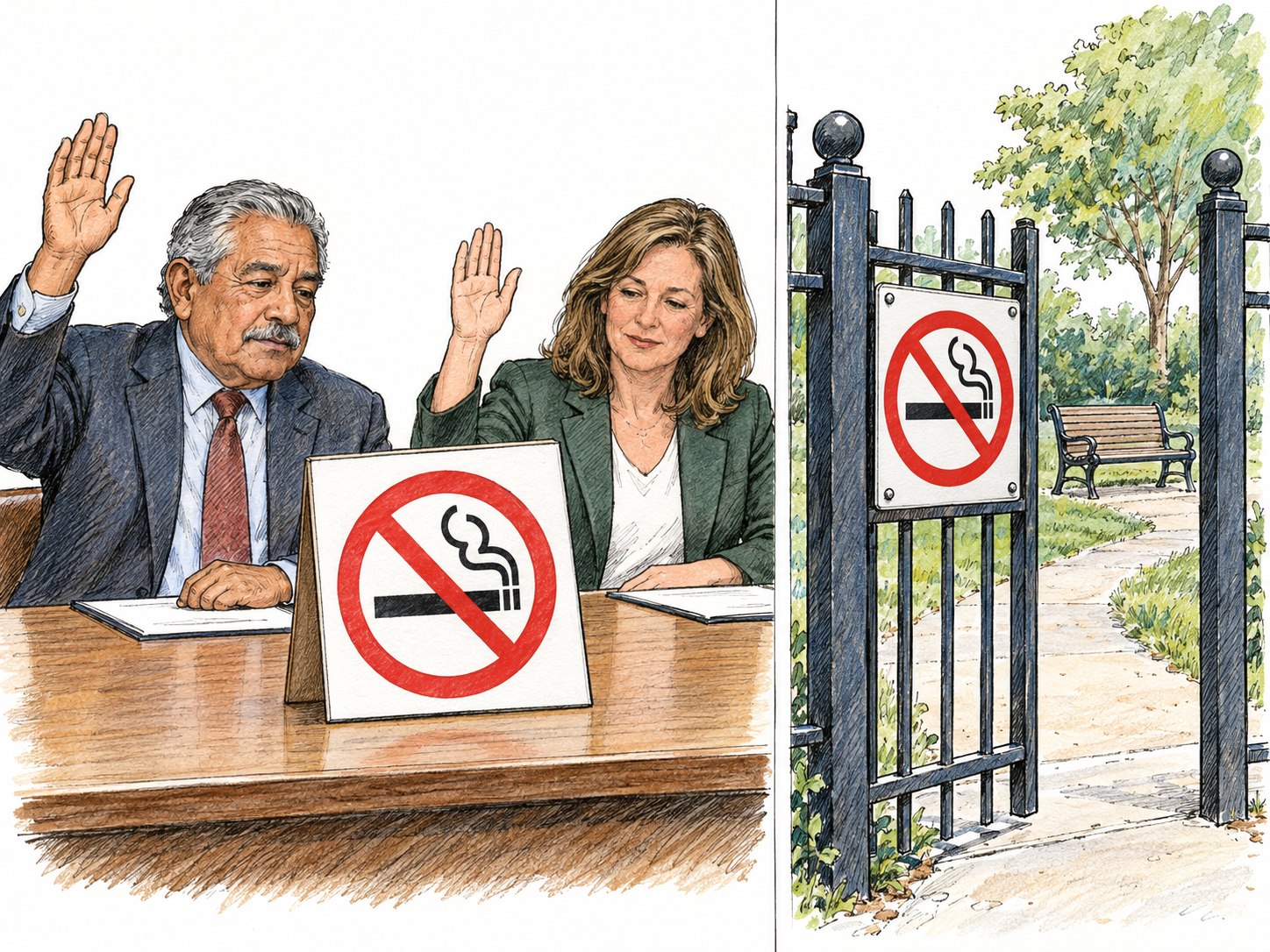 A local council adopts a park rule, shown through a vote on a no-smoking pictogram followed by the identical pictogram posted at the park entrance.