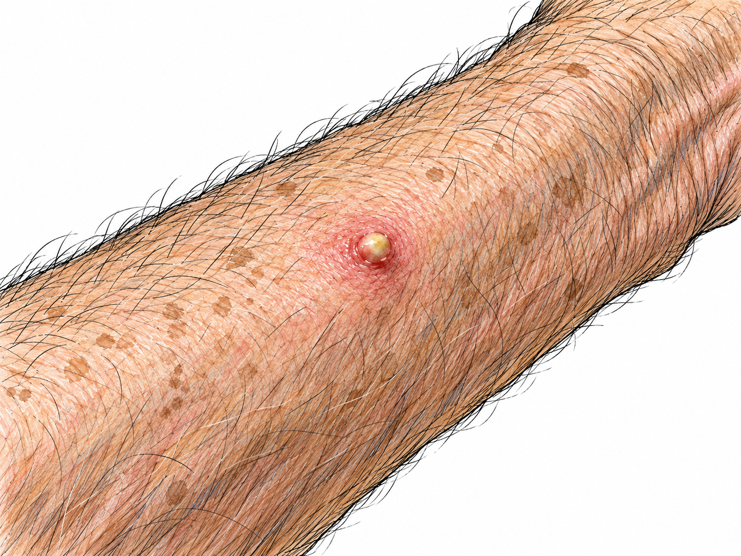 A close-up of a small raised pustule on an older man's forearm: an opaque yellow-white pus-filled center surrounded by a clearly inflamed red rim and otherwise normal skin.