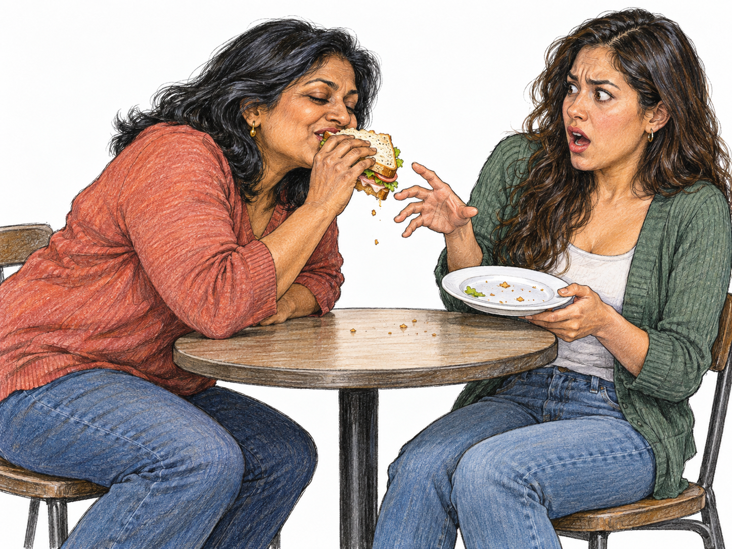 A brazen diner confidently reaches across the table and takes a bite from another diner's sandwich while its owner still holds the plate, visibly outraged.