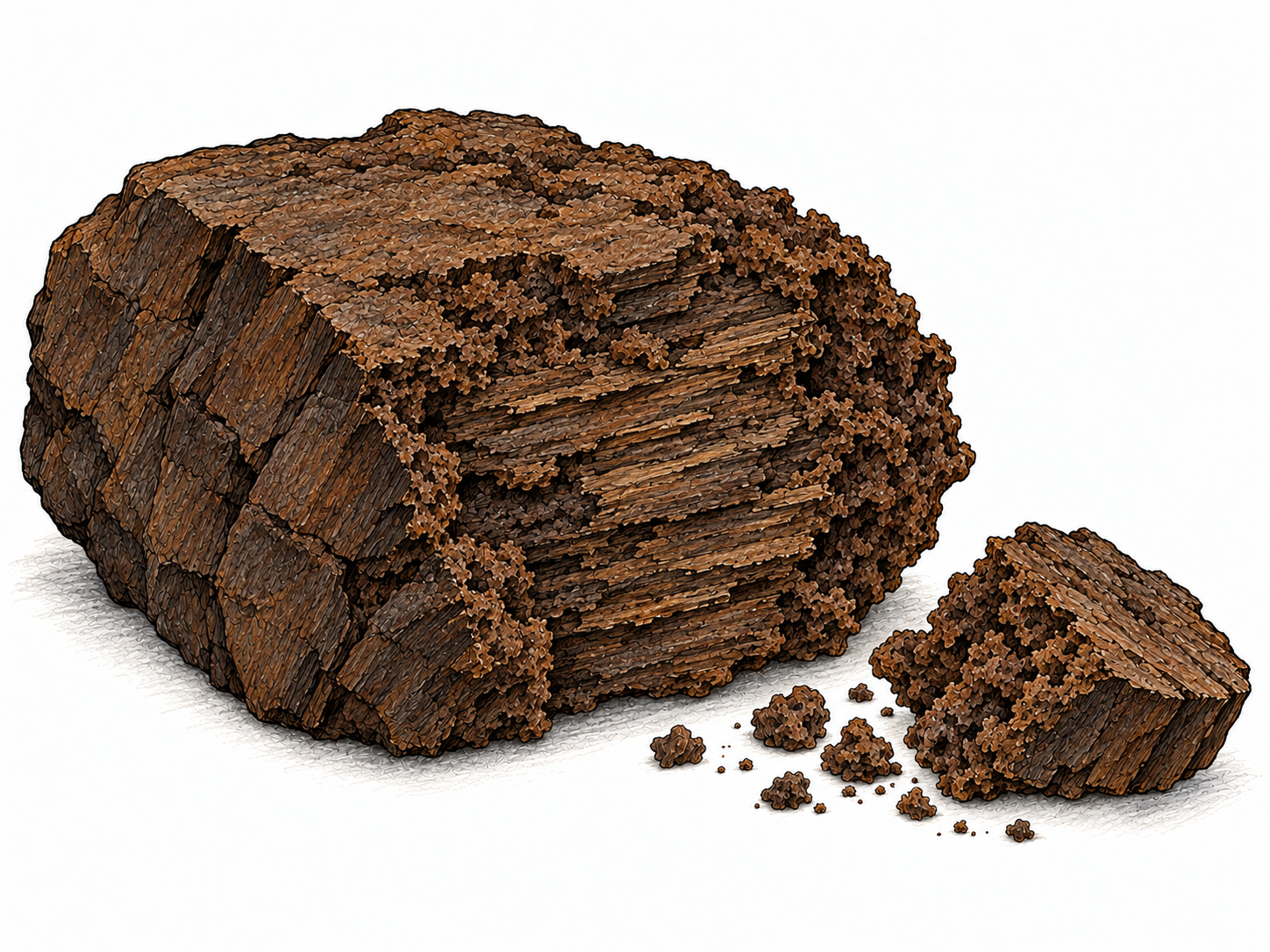 A close specimen view of dull brown lignite: one large, friable lump with woody-looking layers, a freshly broken fragment, and loose brown crumbs.
