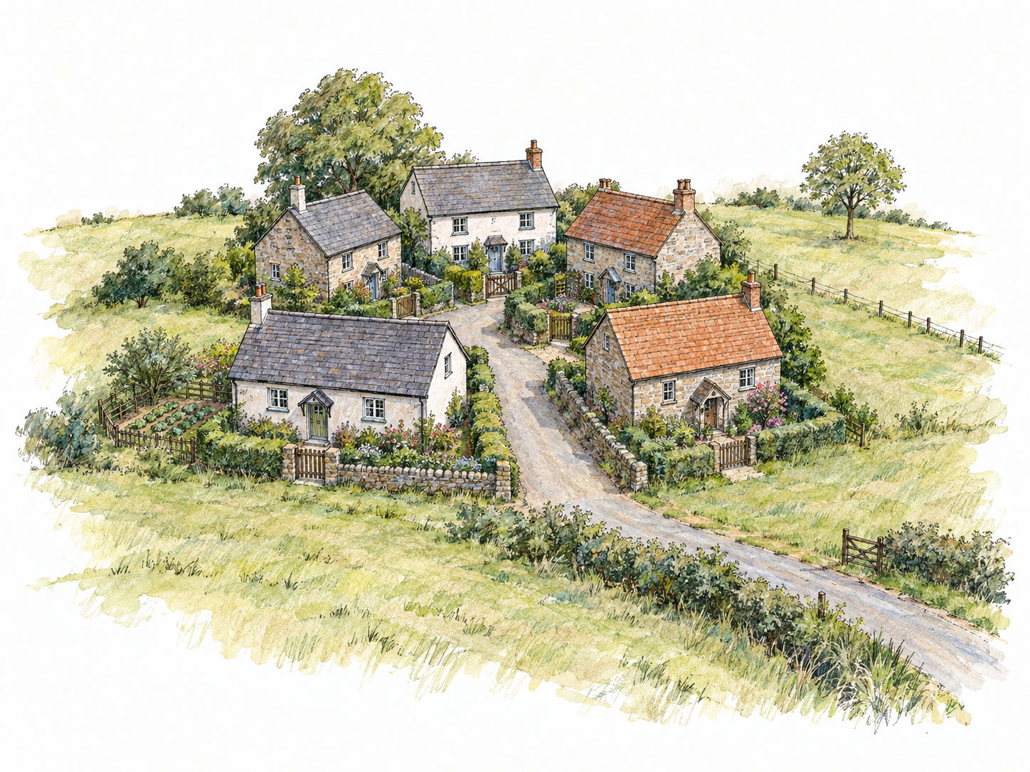A tiny cluster of five modest homes gathered along a short rural lane, surrounded by open pasture and small cultivated plots; the entire settlement is visible, emphasizing its very small size.