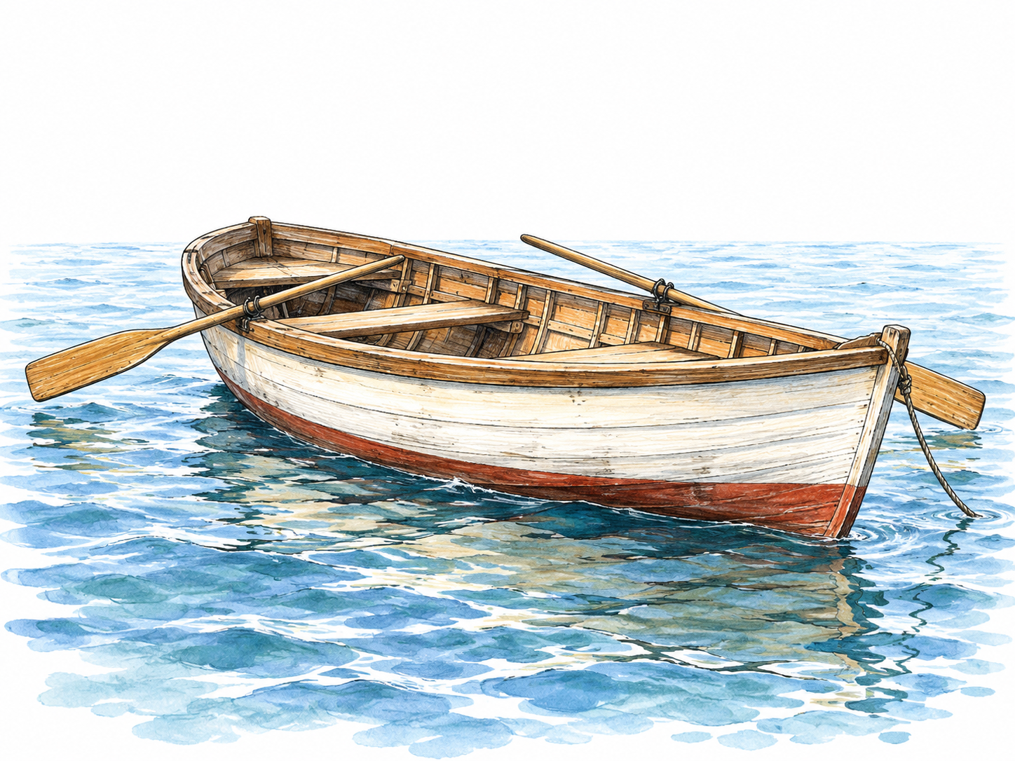 Small intact rowboat rests buoyantly afloat on gentle blue water, waterline below gunwale and hull not submerged, no shore support.