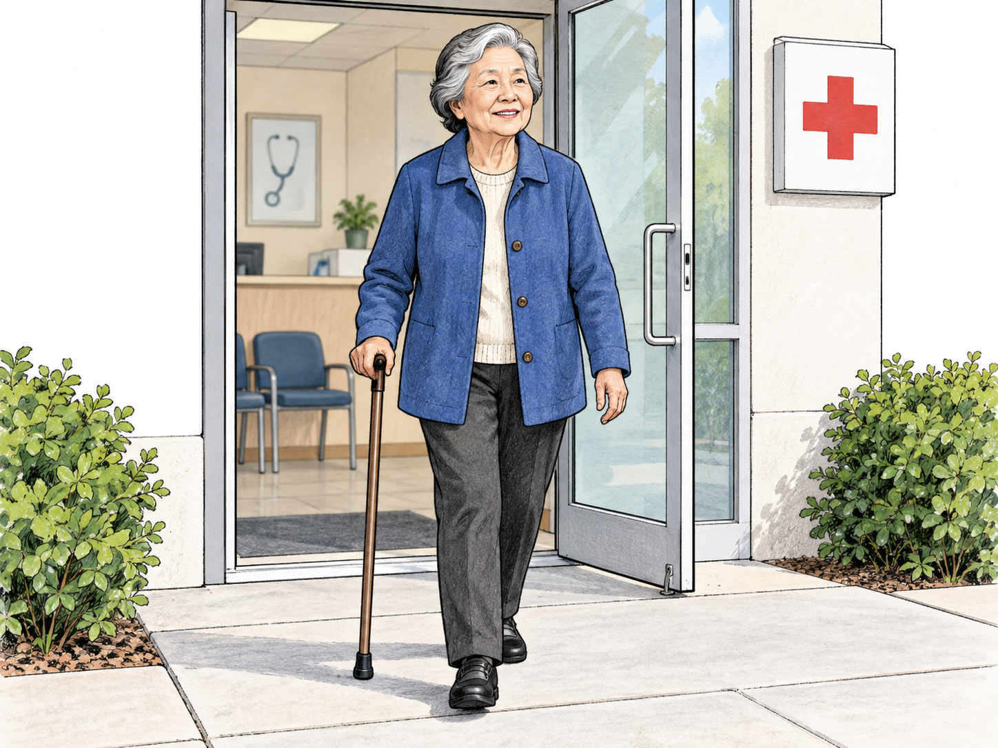 An older adult walks independently out of a clinic doorway with a cane, demonstrating ability to walk; respectful active role and no disability stereotype.