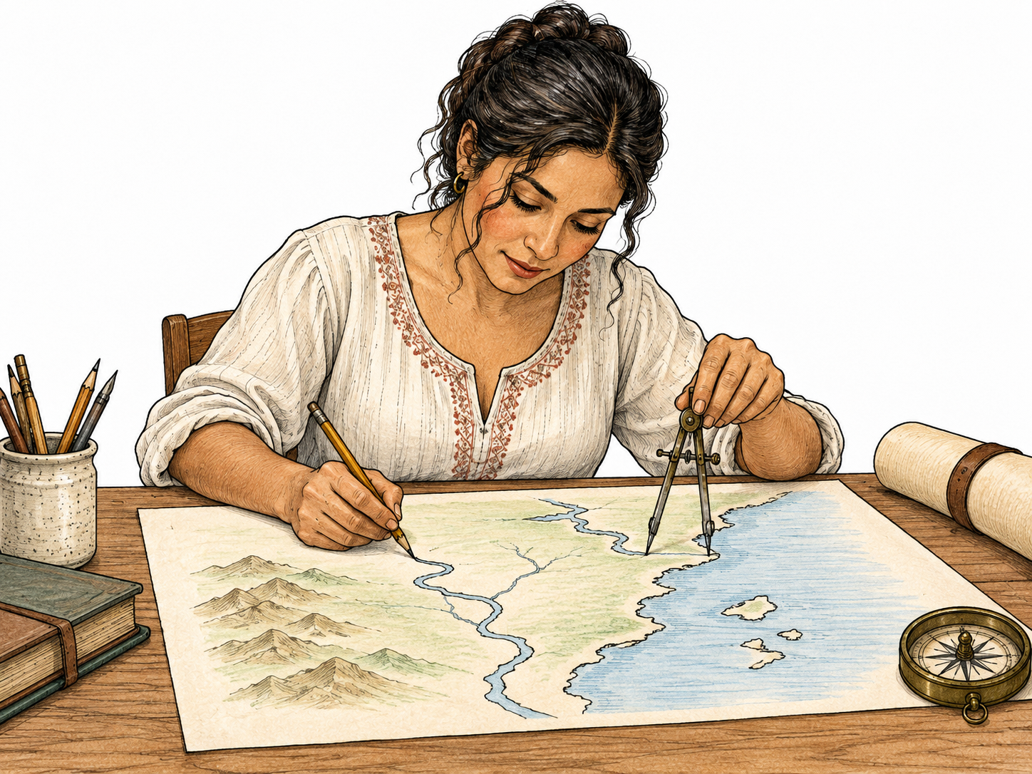 A cartographer uses compass and pencil to draw coastline and river on a blank map sheet, geographic shapes clear but no place names, symbols only.