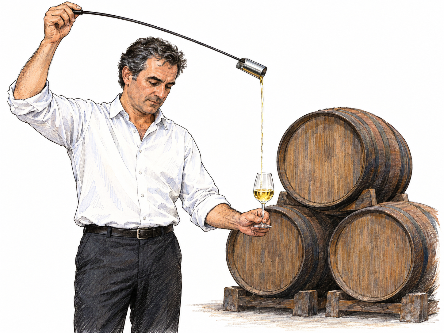 Sherry presented through its distinctive cellar-serving tradition: a venenciador pours pale golden wine from a long-handled sampling cup into a copita beside stacked aging casks.