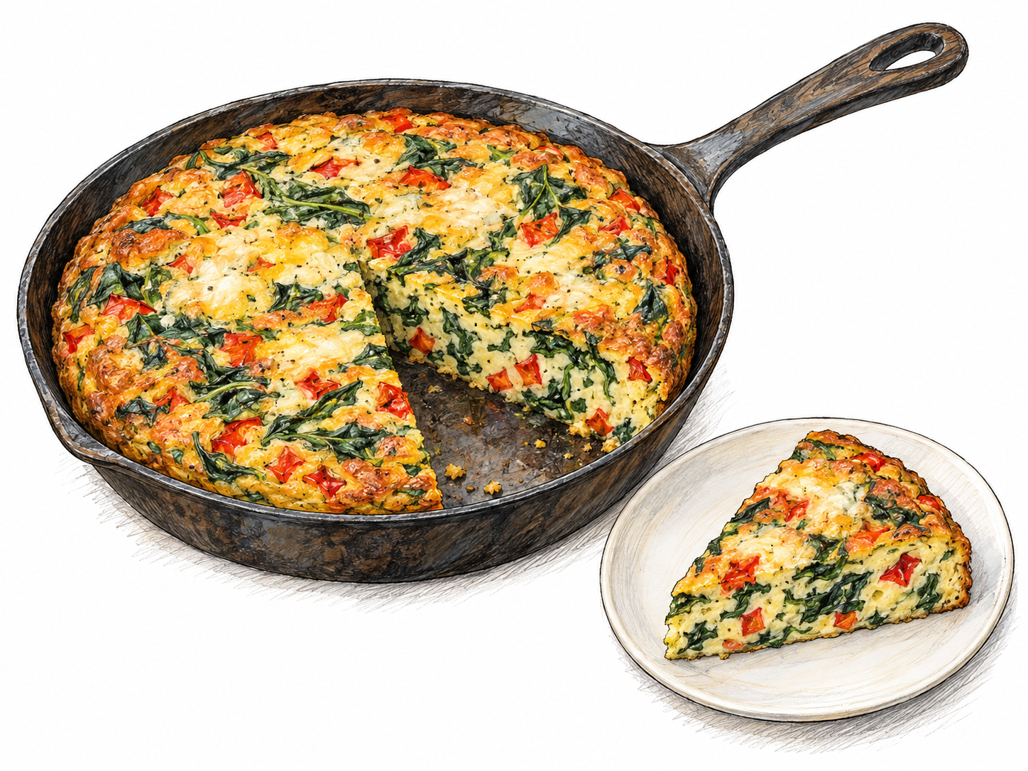 A thick, round vegetable-and-cheese frittata in a shallow skillet, with one wedge removed and placed on a small plate to reveal the set egg and fillings.