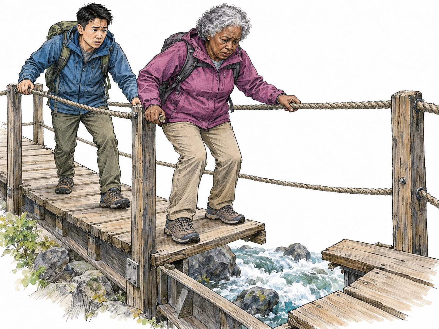 A tense crossing on a damaged narrow footbridge: an older woman grips the handrail and hesitates at a missing plank while a younger man braces behind her.