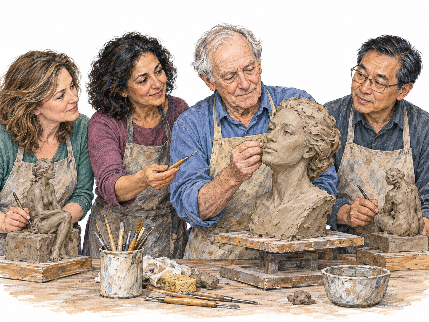 A group of experienced sculptors gathers around its visibly oldest colleague as he makes a precise finishing adjustment to a clay bust.
