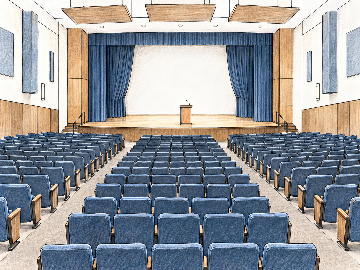 An empty auditorium viewed from the rear aisle: many orderly rows of fixed seats face a broad raised stage with a lectern and microphone.