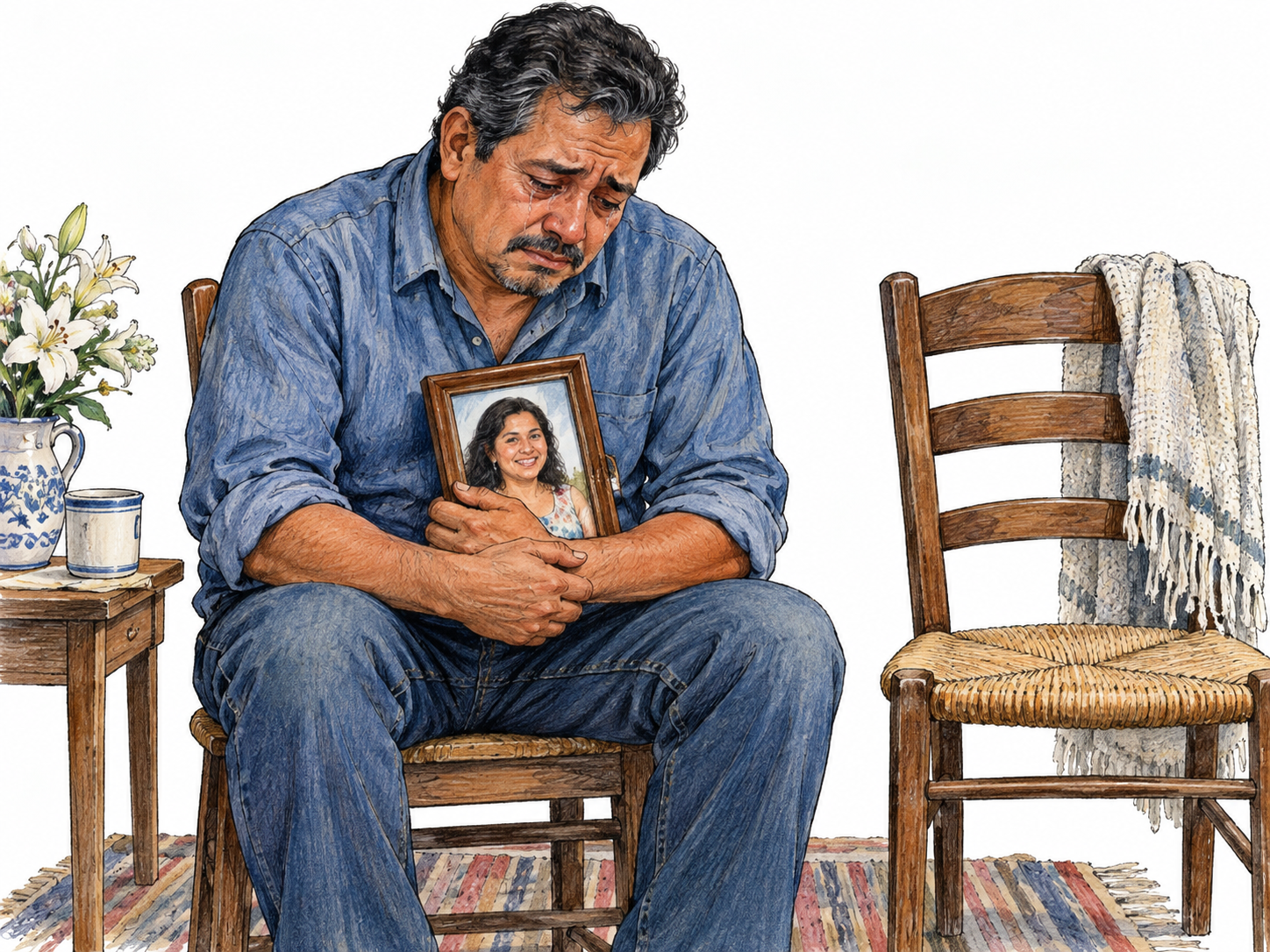 A grieving man sits holding a small framed portrait of a loved one, shoulders lowered and eyes tearful; one empty chair nearby, quiet compassionate scene with no text or grave inscriptions.