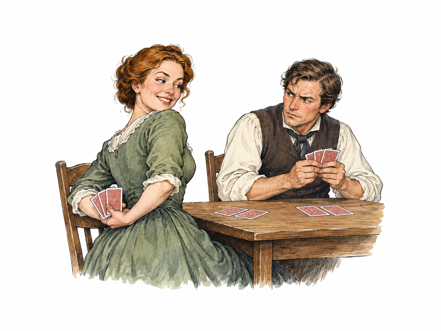 A grinning cheat visibly hides several playing cards behind back while opponents' plain card hands lie on table; obvious blatant dishonesty without card lettering.