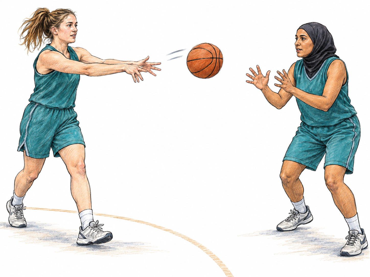 A basketball player completes a two-handed chest pass to a teammate.