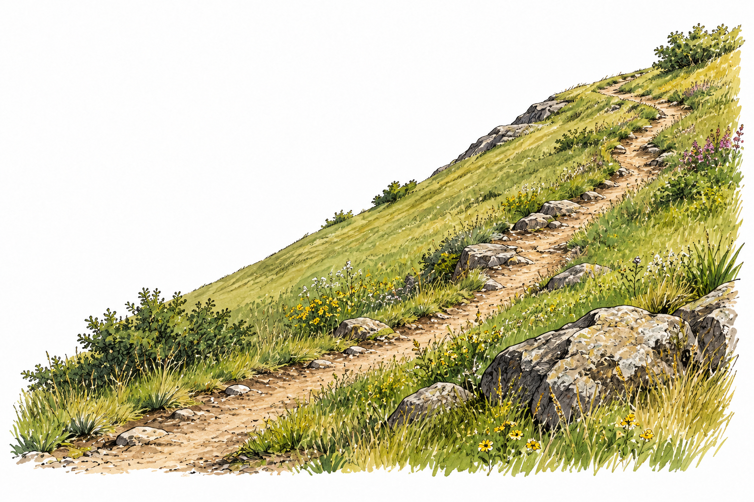 A clearly slanting grassy hillside with simple path climbing it.