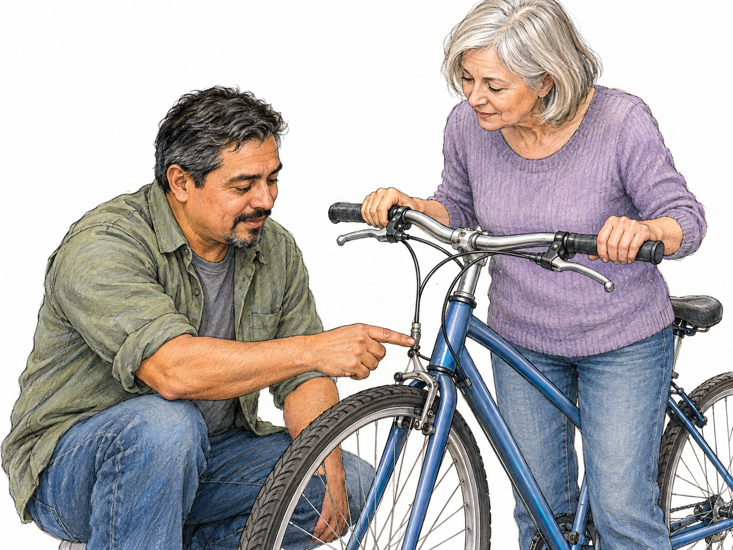 A man familiar with bicycle maintenance confidently identifies the brake adjustment on a bicycle while a woman follows his explanation.