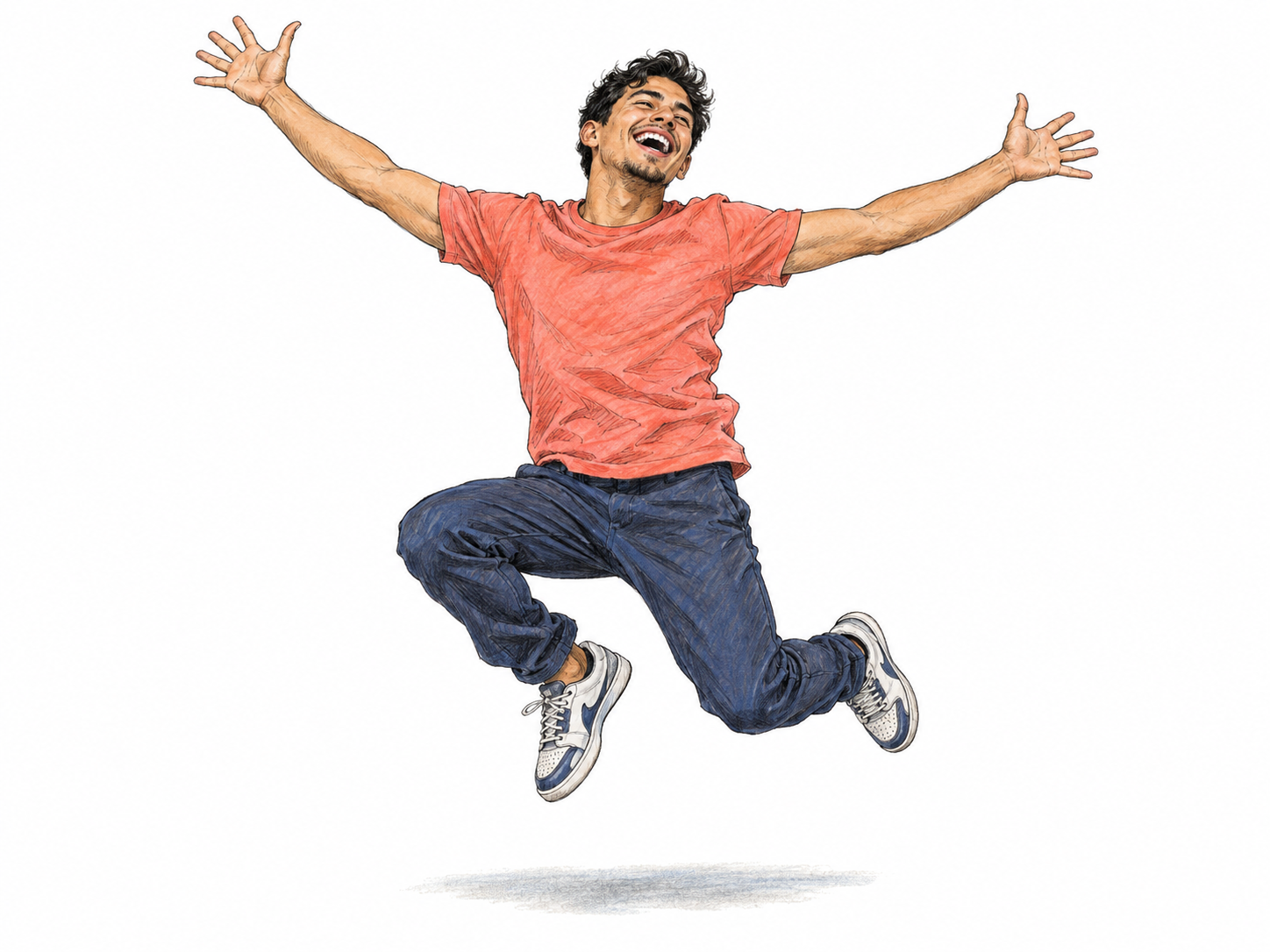 A young man bursts into a joyful dance, caught mid-leap with flung-open arms, a broad laughing smile, and buoyant bent legs.