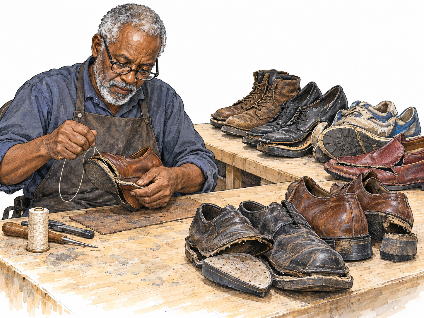 A cobbler repairs one shoe while a crowded incoming-work bench holds many visibly damaged shoes awaiting repair, making the accumulation of unfinished work concrete.