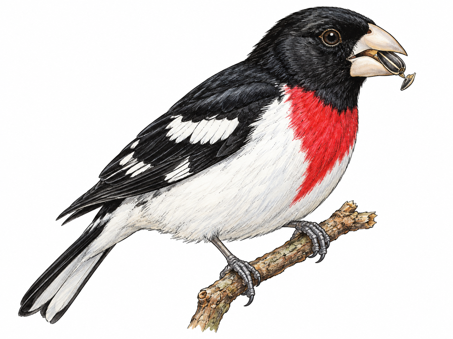 Adult male rose-breasted grosbeak perched on short twig cracking one seed with very large pale triangular conical bill; black head and back, white belly, vivid rose-red breast patch and white wing patches.