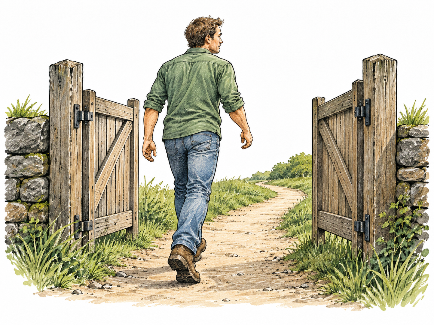 Adult continues forward through an opened gate after a pause, one clear purposeful step onto path.