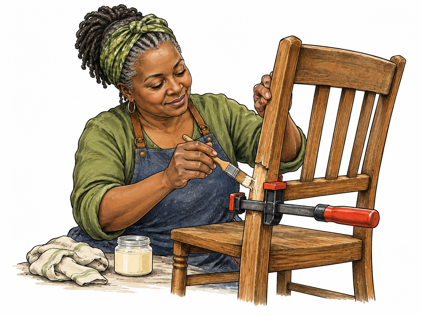 Adult carefully repairs broken wooden chair joint with clamp and glue brush, damaged joint visibly restored, no labels.