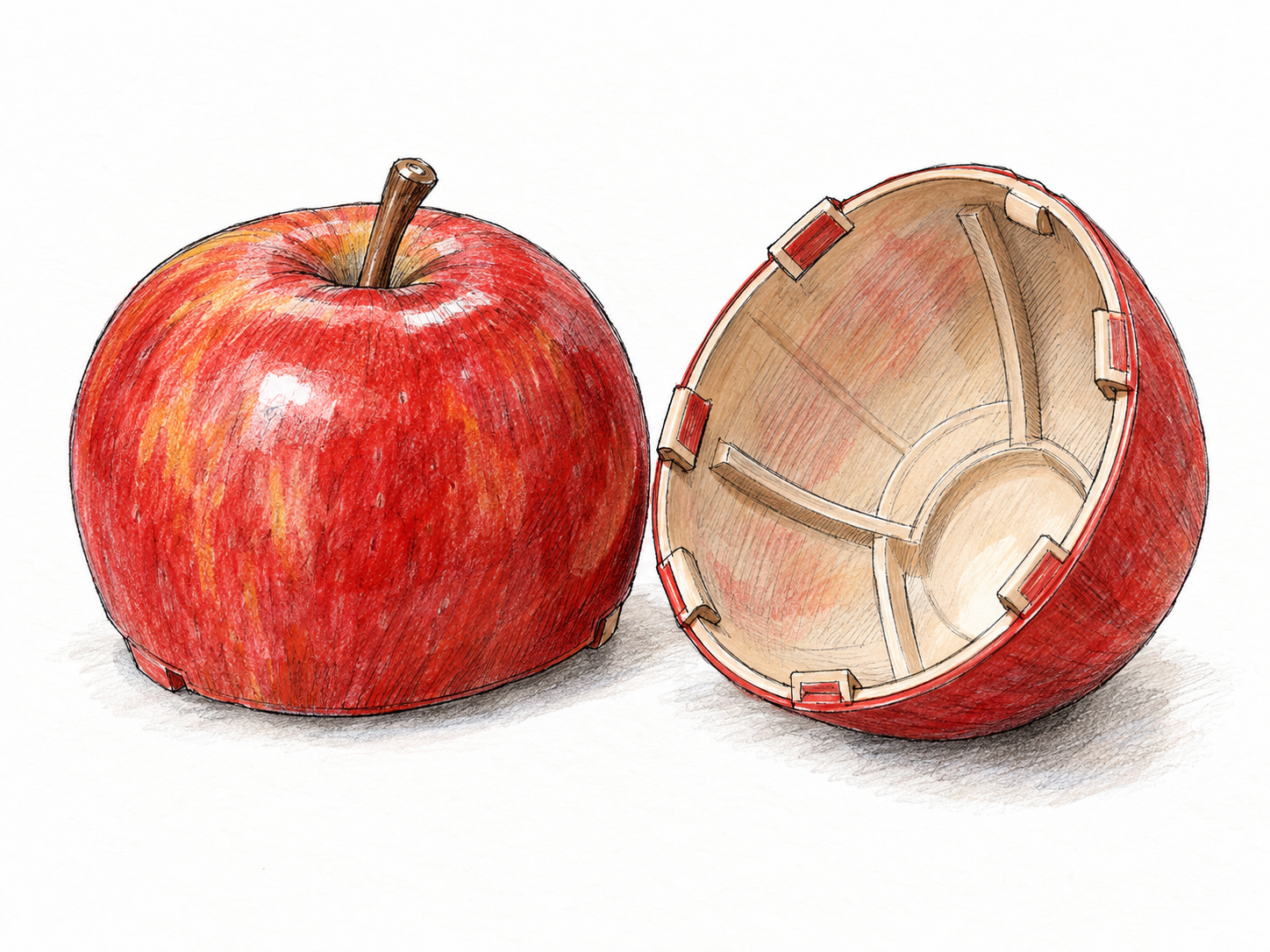 A convincing red imitation apple opened into two hollow plastic halves, exposing molded ribs and snap-fit tabs that reveal it is not genuine fruit.