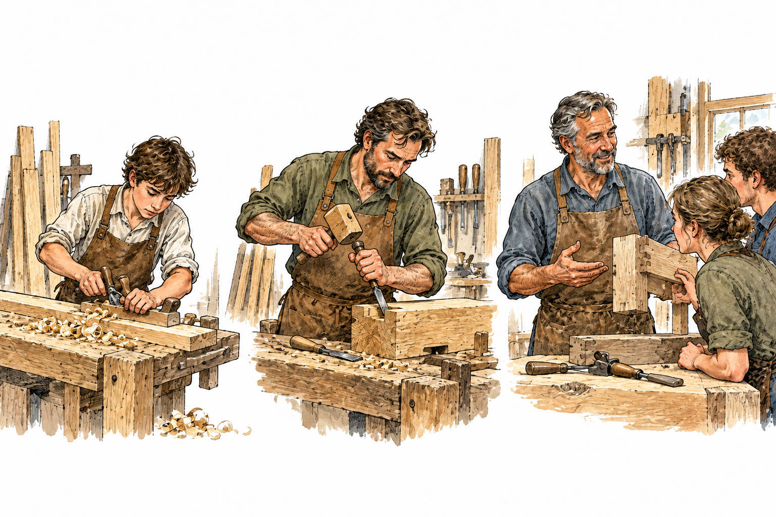 Same adult at three stages of professional career: young apprentice carpenter, experienced craftsperson, older workshop leader, coherent work path, no labels.