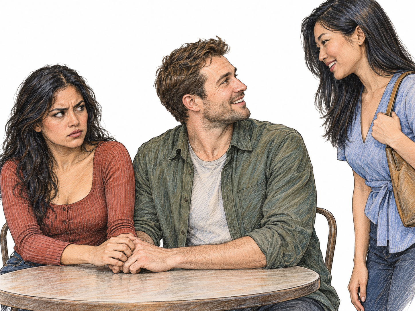 A seated heterosexual couple at a small cafe table: the woman holds her boyfriend's hand but watches him turn toward another woman with hurt, resentful apprehension.