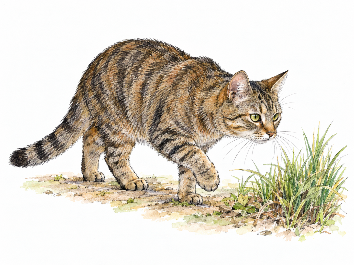 A domestic cat prowls beside a small clump of grass, moving in a low, cautious stance with one front paw lifted and its gaze fixed ahead as it searches for prey.