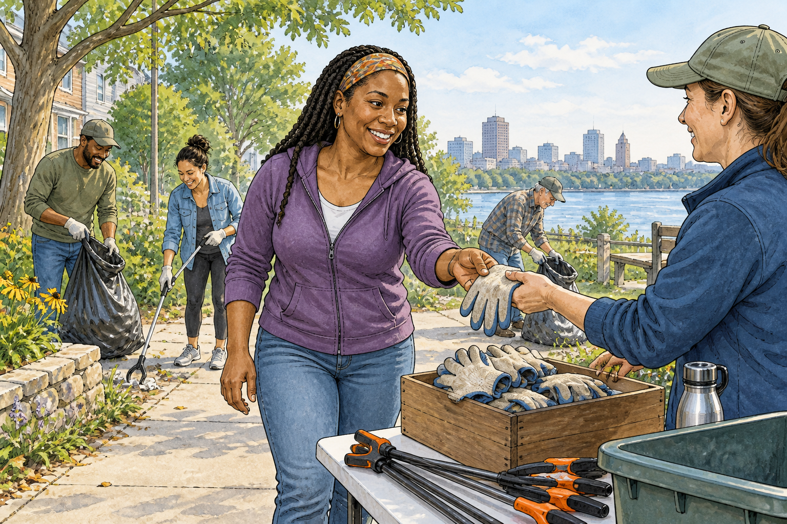 An adult freely chooses to join a neighborhood cleanup, reaches for spare gloves with a willing smile, no coercion.