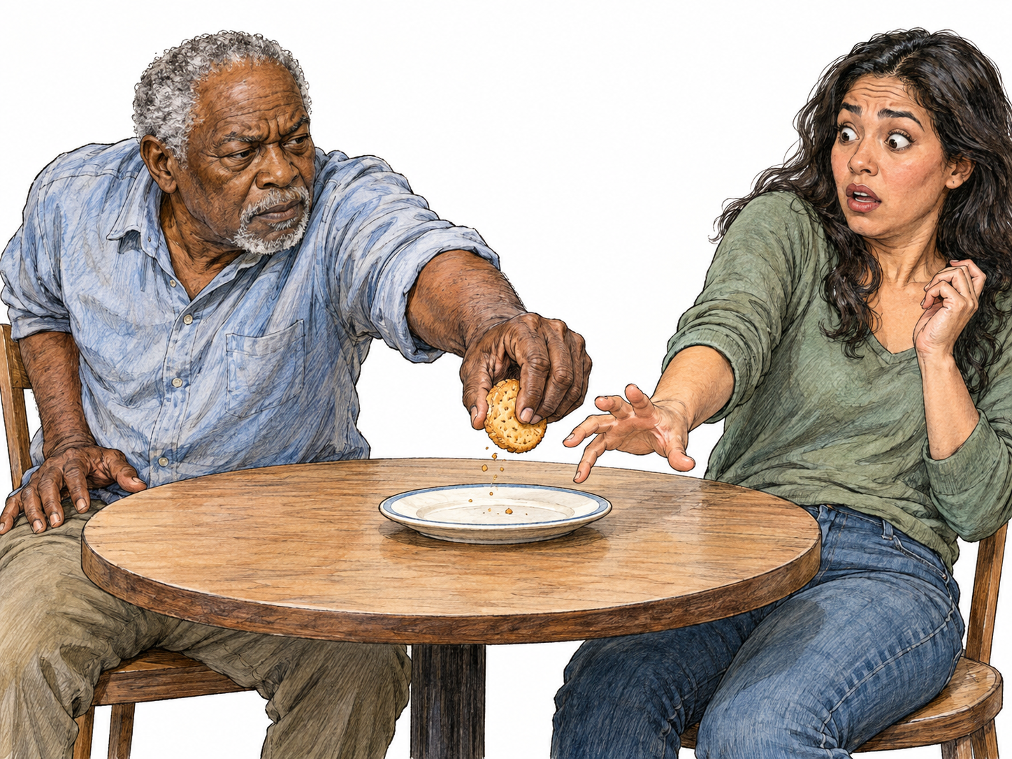An older man abruptly snatches the last biscuit from a plate just ahead of a young woman's reaching hand; his sharply extended arm, clenched grasp and her startled recoil make the sudden grab visible.