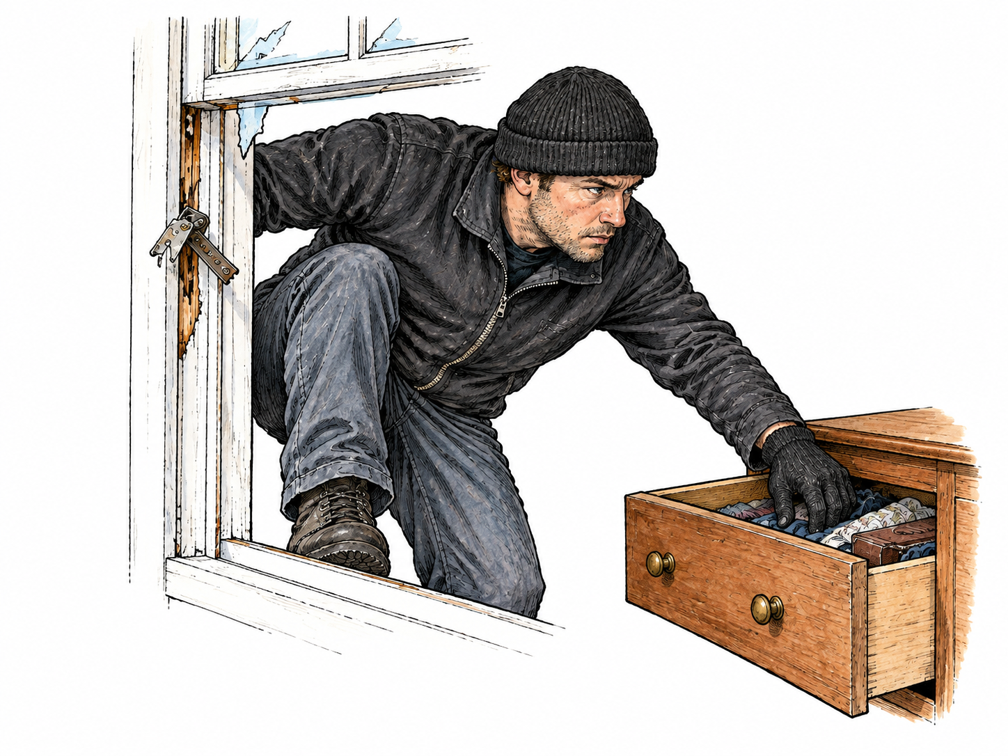 A forced-open house window with broken latch and gloved intruder halfway entering toward a drawer, no weapon or technique detail.