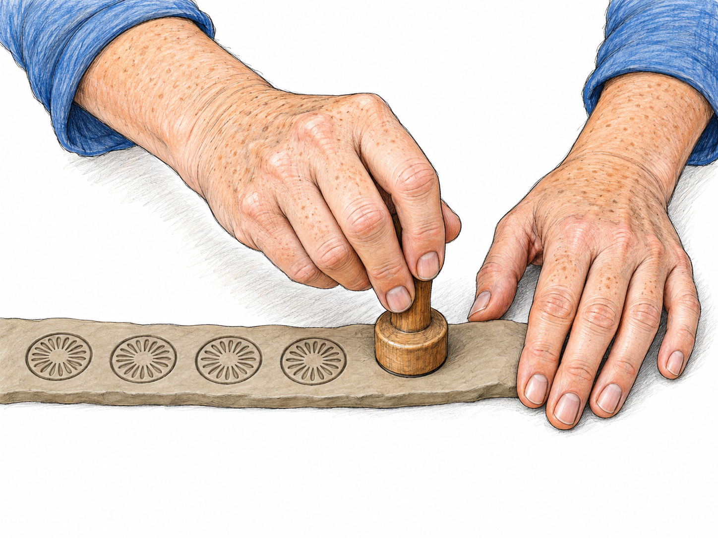 Close-up of an adult craft worker repeatedly pressing one plain round stamp onto a narrow strip of clay.