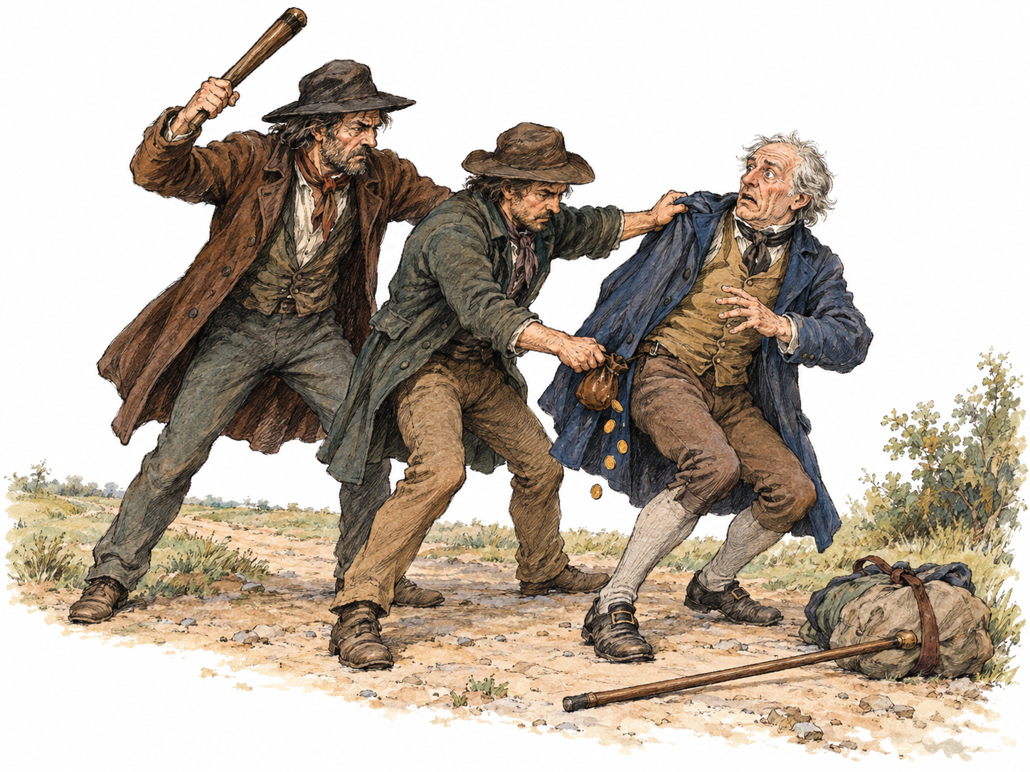 Two armed highway outlaws forcibly rob a traveler on an isolated rural track: one grips his coat and threatens him with a club while the other pulls his coin purse from his belt.