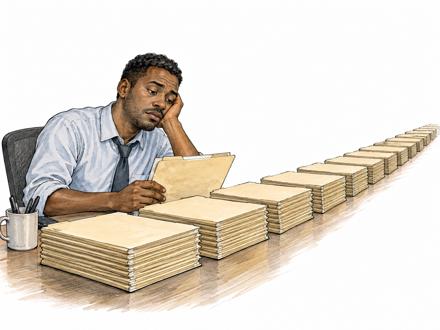 A tired Black office worker faces a long row of identical plain folders and repetitive work.