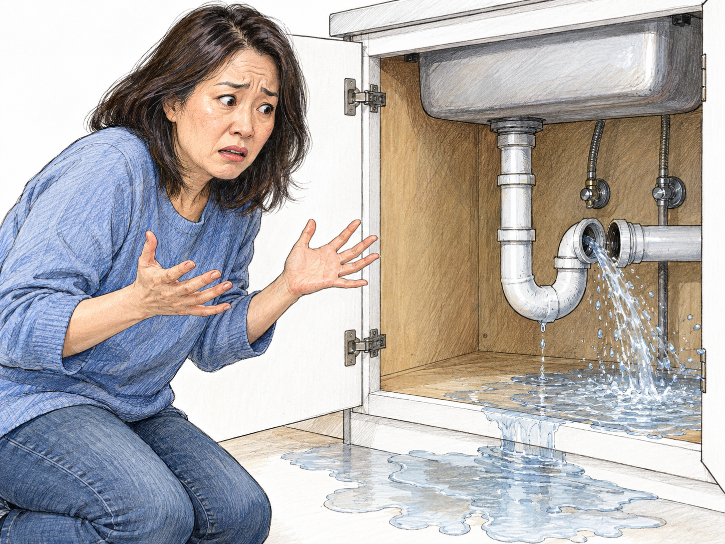 A woman freezes in bewildered alarm as water unexpectedly gushes from a burst pipe beneath her kitchen sink, her hands raised helplessly and her face tense with sudden worry.
