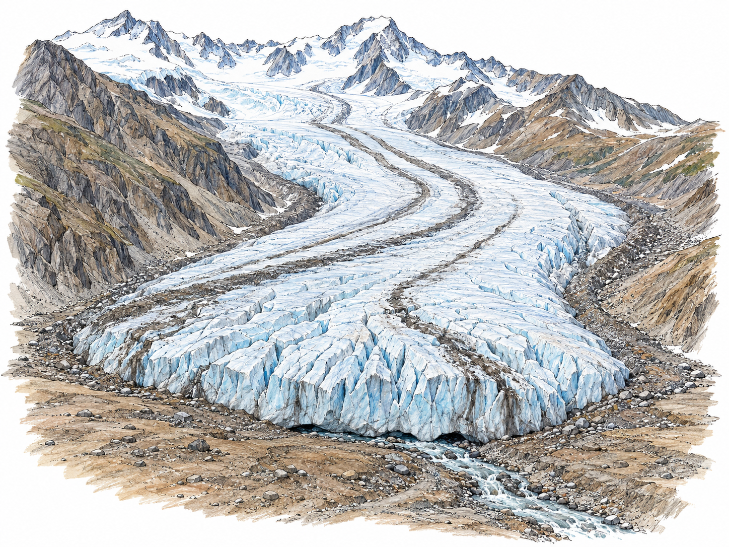 An immense valley glacier descends between rocky mountain slopes, with crevasses, curved debris bands, and a thick ice tongue resting on exposed land.